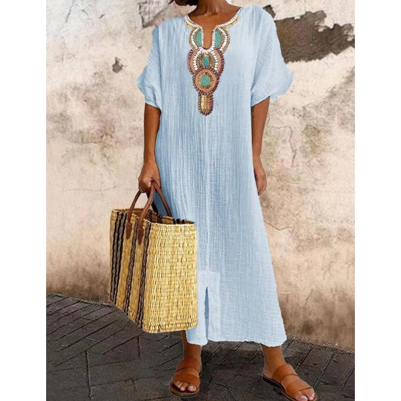 Lioba – Embroidered Casual Linen Dress with Side Slit