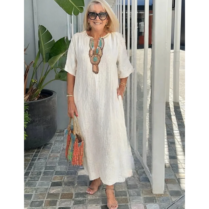 Lioba – Embroidered Casual Linen Dress with Side Slit