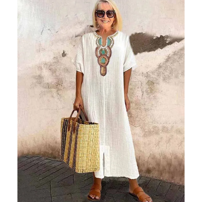 Lioba – Embroidered Casual Linen Dress with Side Slit